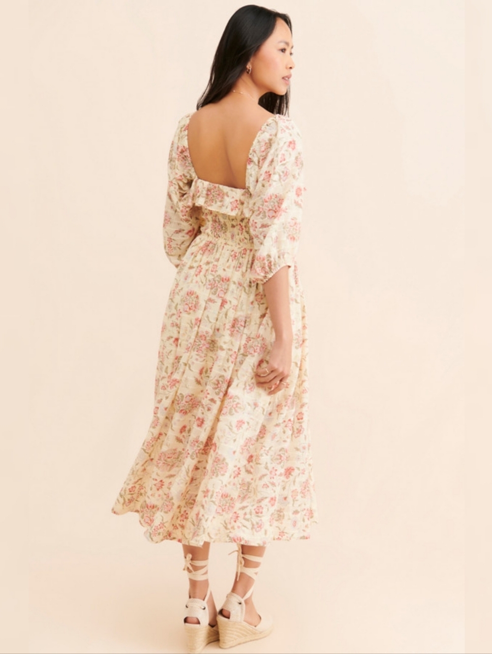 Free People Oasis Printed Midi Dress Ivory Floral Puff Sleeve Women's - Picture 2 of 16